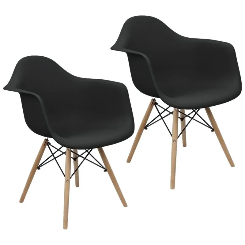 Kit 2 Cadeiras Charles Eames Eiffel Design Wood Com Braços - Preto Preta