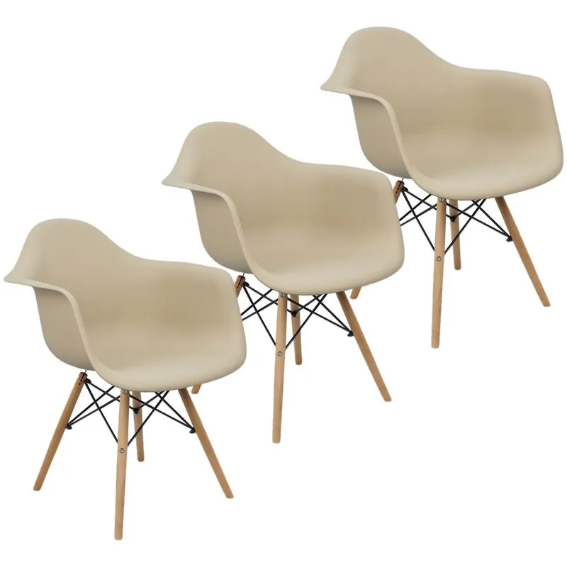Kit 3 Cadeiras Charles Eames Eiffel Design Wood Com Braços