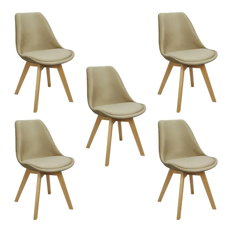 Kit 5 Cadeiras Charles Eames Leda Veludo Luisa Saarinen Estofada Base Madeira