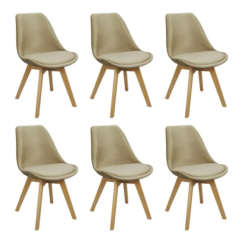 Kit 6 Cadeiras Charles Eames Leda Veludo Luisa Saarinen Estofada Base Madeira