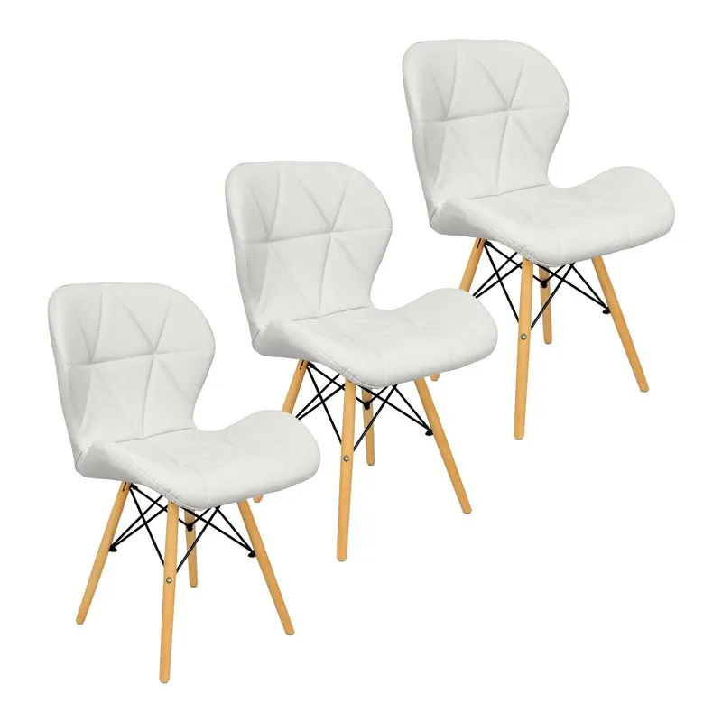 Kit 3 Cadeiras Charles Eames Eiffel Slim Wood Estofada - Branca