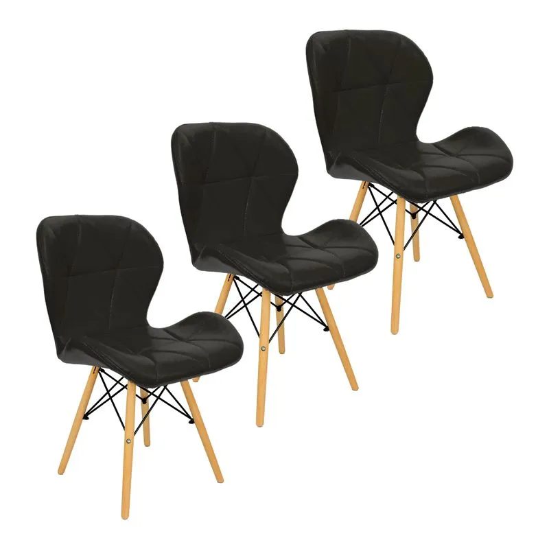 Kit 3 Cadeiras Charles Eames Eiffel Slim Wood Estofada - Preta