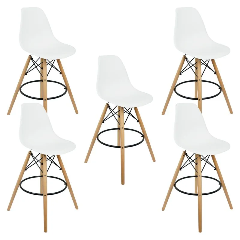 Kit 5 Banquetas Charles Eames Eiffel Wood Design Base Fixa Madeira - Branca