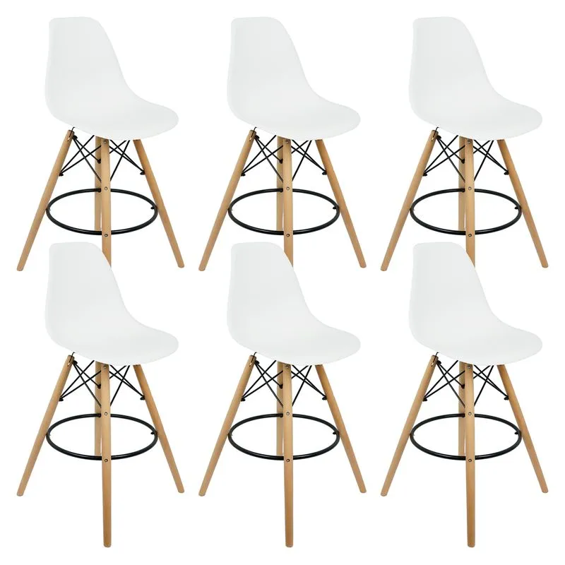 Kit 6 Banquetas Charles Eames Eiffel Wood Design Base Fixa Madeira - Branca