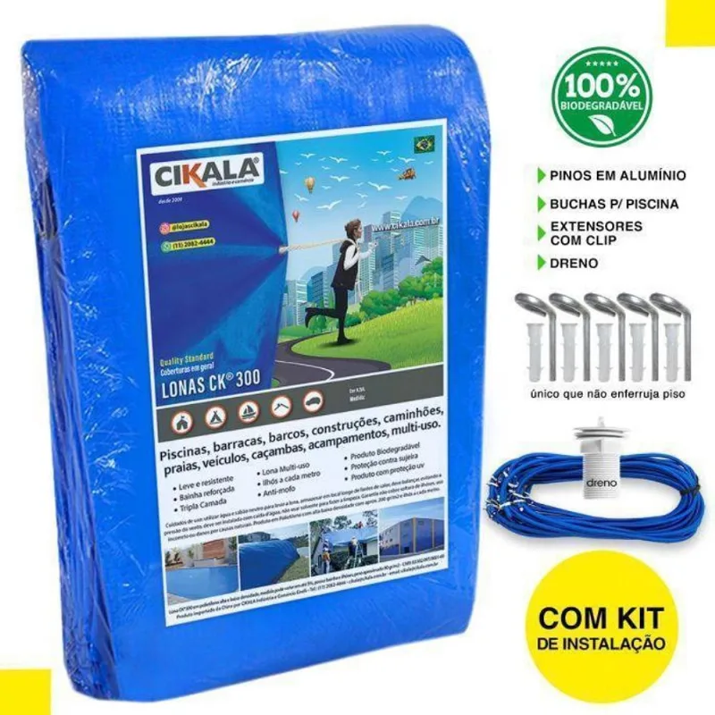 Capa De Piscina Azul Ck300 6X4.5 Metros + Kit Instalação