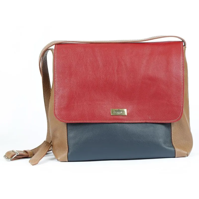 Bolsa Pasta Carteiro Feminina Couro Verm Com Azul