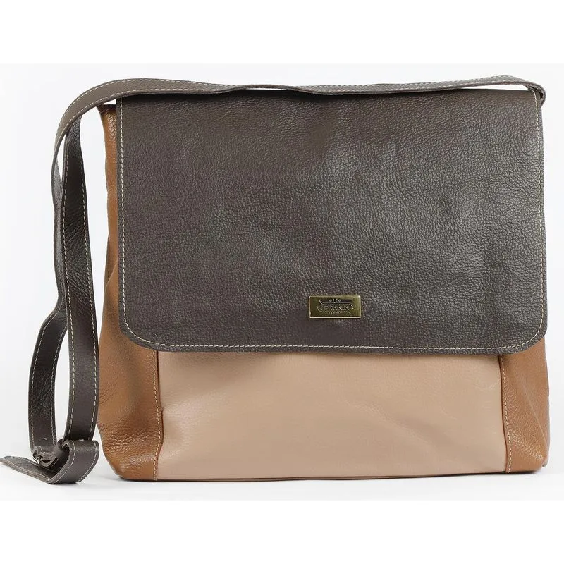 Bolsa Pasta Carteiro Feminina Couro Café Com Nude