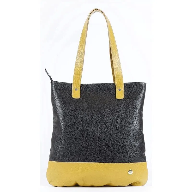 Bolsa De Ombro Feminina Aurea Couro Preto /Mostarda