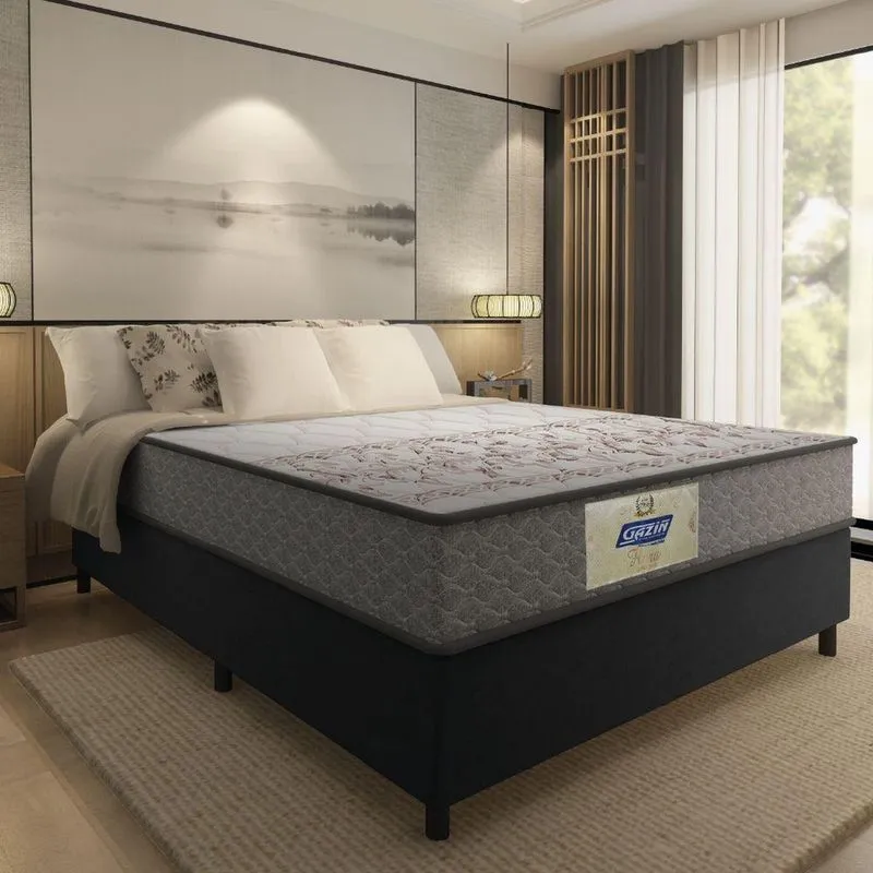 Cama Box Casal Colchão Molas Flora Gazin Cinza/branco 138x188x60cm Até 110 Kg Por Pessoa