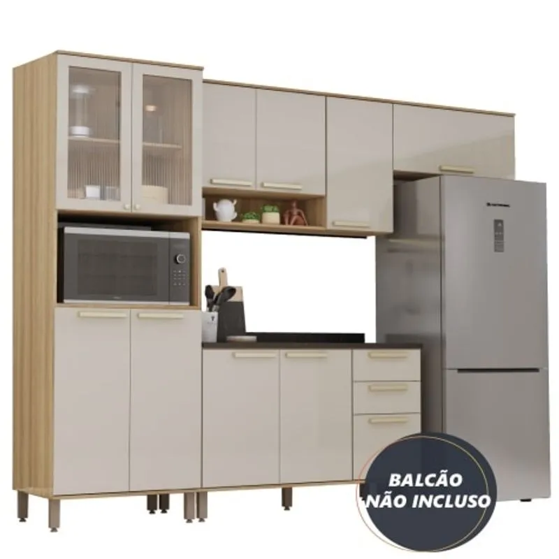 Armário de Cozinha Completa 8 Portas Com Vidro e Nicho Para Micro Ondas Madeirado/Mocca Isis Luciane