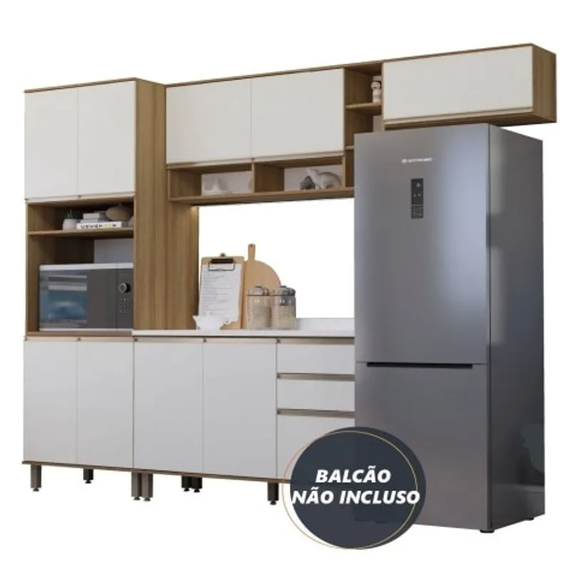 Armário de Cozinha Completa 7 Portas Com Nicho Para Micro Ondas Areia/Madeirado Diana Luciane av/areia
