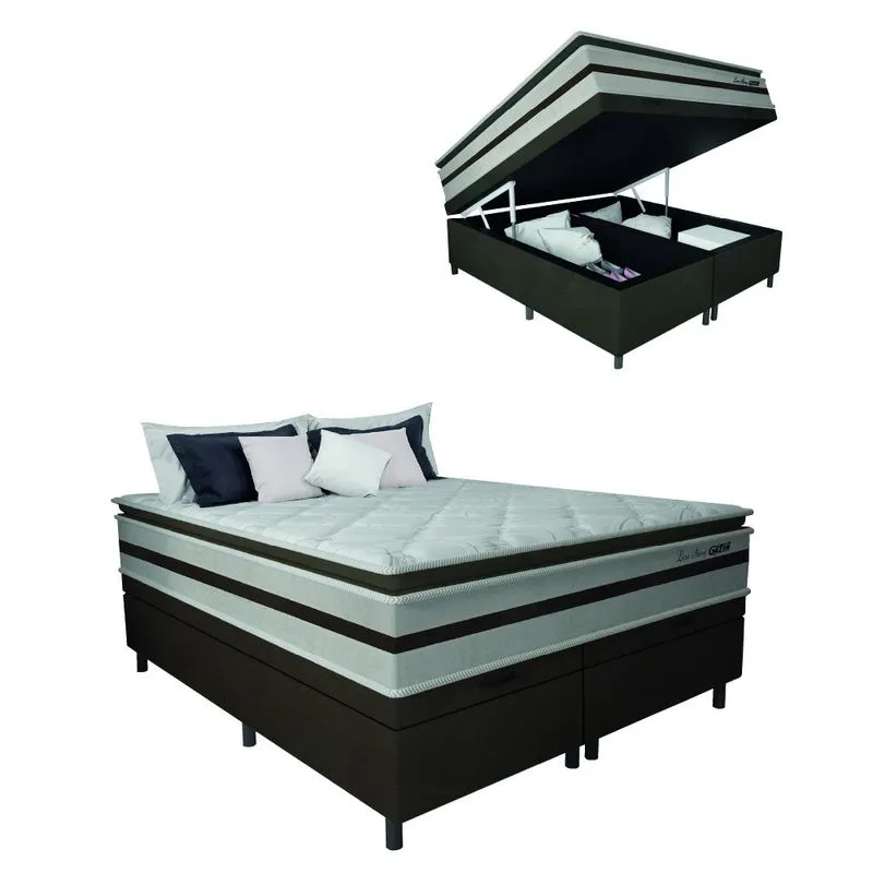 Cama Box Baú Casal Queen Gazin Colchão Molas Ensacadas Pillow Top Love Story 158x198x71cm Branco / Marrom - Suporta Até 120Kg Por Pessoa