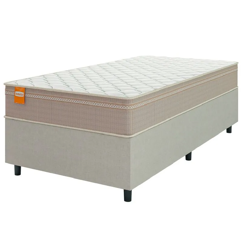 Cama Box Solteiro Colchão Molas Qatar 88x188x60cm Bege/Branco Inducol - Suporta Até 200 Kg Por Pessoa