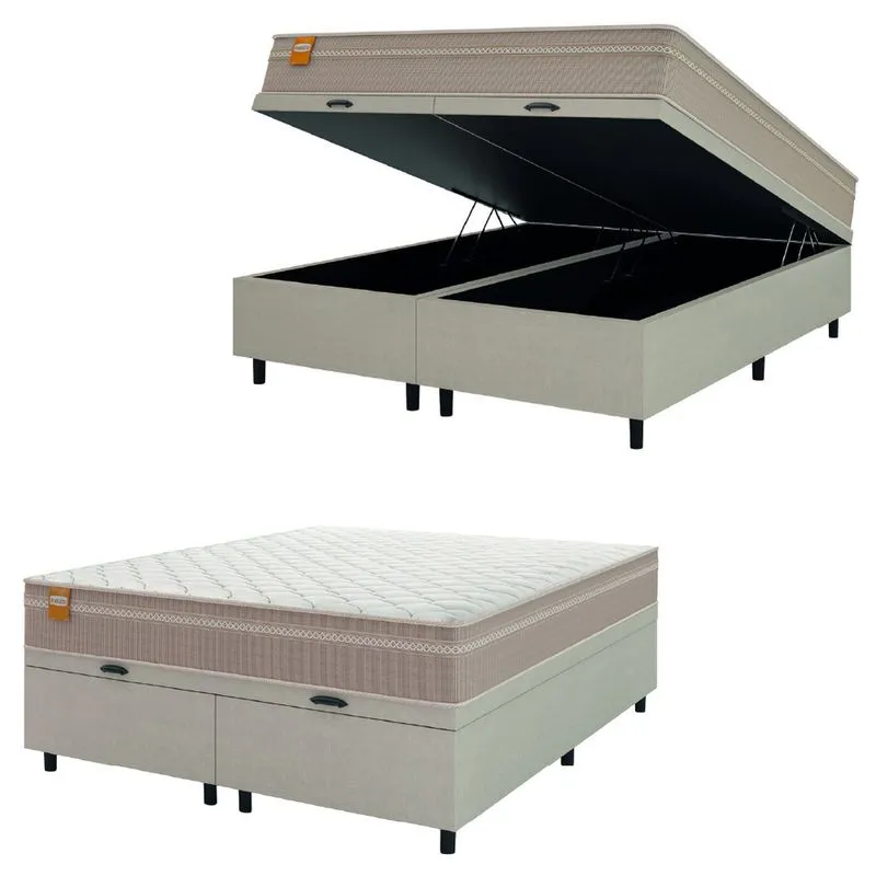 Cama Box Baú Casal Queen Colchão Molas Qatar 158x198x63cm Bege/Branco Inducol - Suporta Até 200 Kg Pessoa