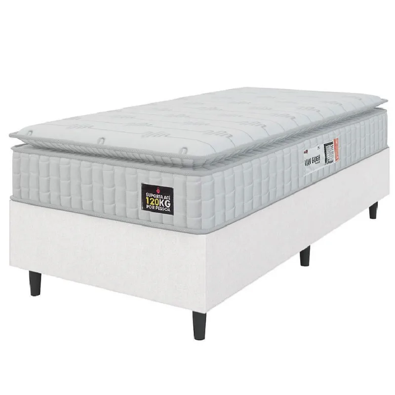 Cama Box Solteiro Colchão Espuma D33 Pillow Top Van Gogh 88x188x62cm Branco Hellen-suporta Até 120kg Por Pessoa