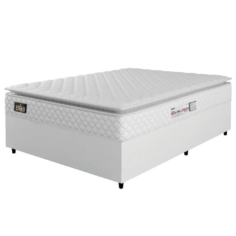 Cama Box Casal Colchão Espuma D33 Pillow Top New Millenium 138x188x57cm Branco Hellen – Suporta Até 120 Kg Por Pessoa