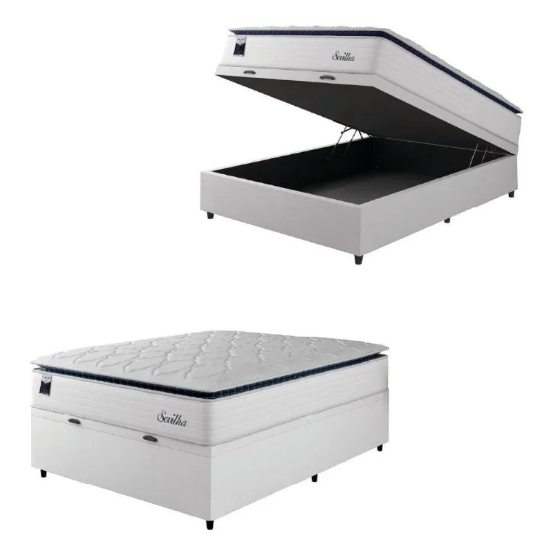 Cama Box Baú Casal Colchão Molas Ensacadas Com Pillow Sevilha 138x188x74cm Branco/cinza Hellen
