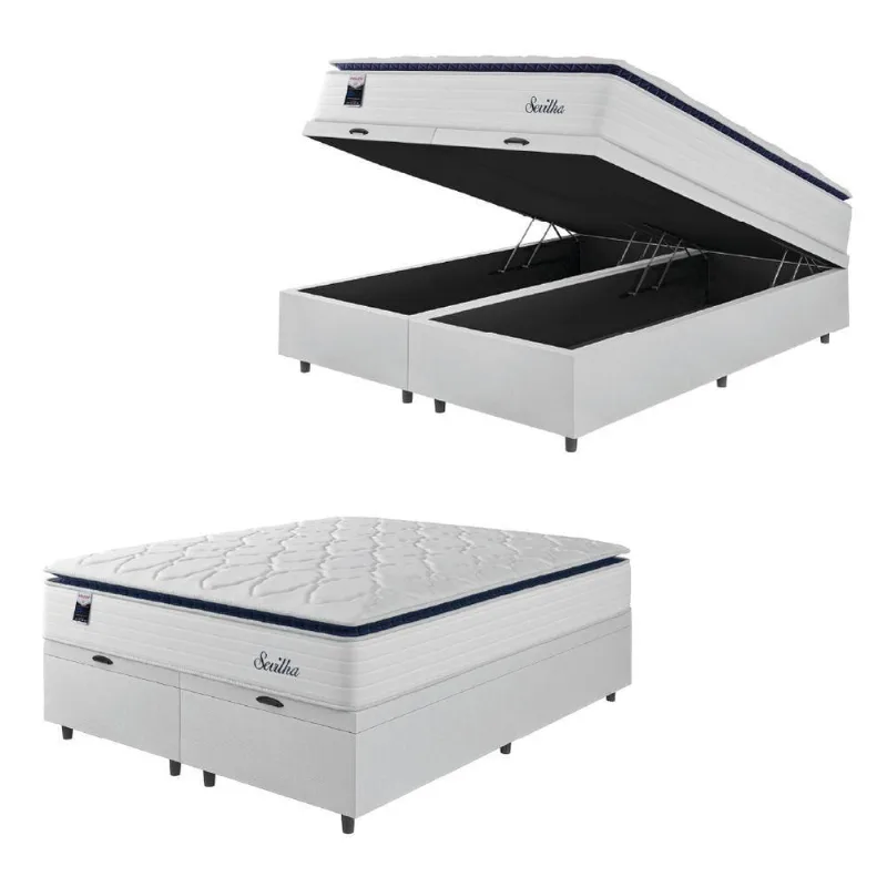 Cama Box Baú Casal Queen Colchão Molas Ensacadas Com Pillow Sevilha 158x198x74cm Branco/cinza Hellen