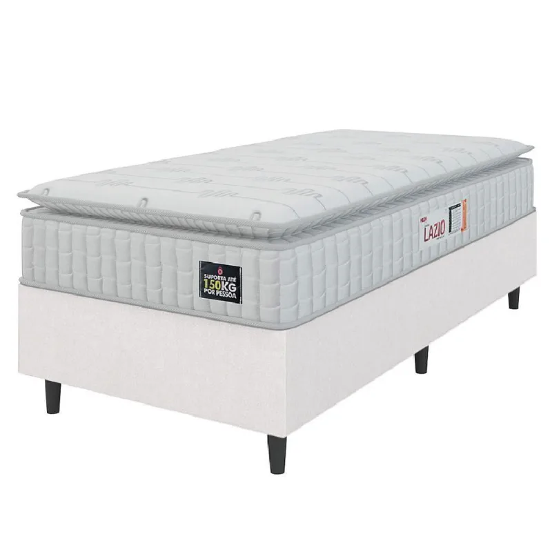 Cama Box Solteiro Colchão Espuma D45 Lazio Pillow Top 88x188x62cm Branco Hellen – Suporta Até 150 Kg Por Pessoa