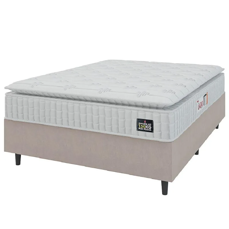 Cama Box Casal Colchão Espuma D45 Lazio Pillow Top 138x188x62cm Suede Branco/bege Hellen
