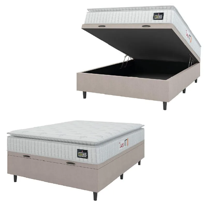 Cama Box Baú Casal Colchão Espuma D45 Lazio Pillow Top 138x188x65cm Suede Branco Bege Hellen