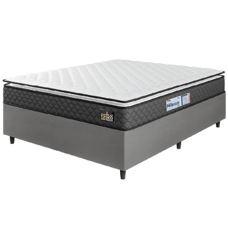 Cama Box Casal Queen Colchão Espuma D33 Pillow Top Millenium 158x198x57cm Suede Cinza/branco Hellen