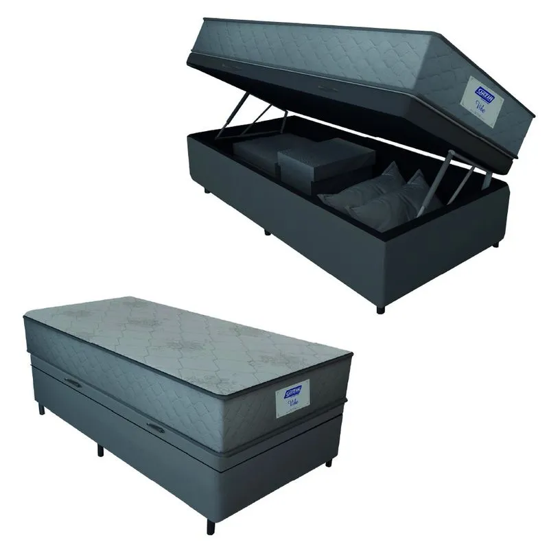 Cama Box Baú Solteiro Colchão Gazin Com Molas Ensacadas Vibe 88x188x63cm Suede Cinza
