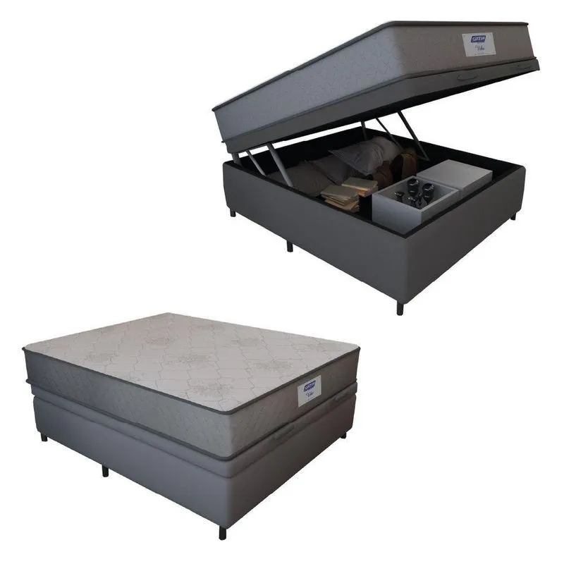 Cama Box Baú Casal Colchão Gazin Com Molas Ensacadas Vibe 138x188x63cm Suede Cinza-suporta Até 110kg Cinza