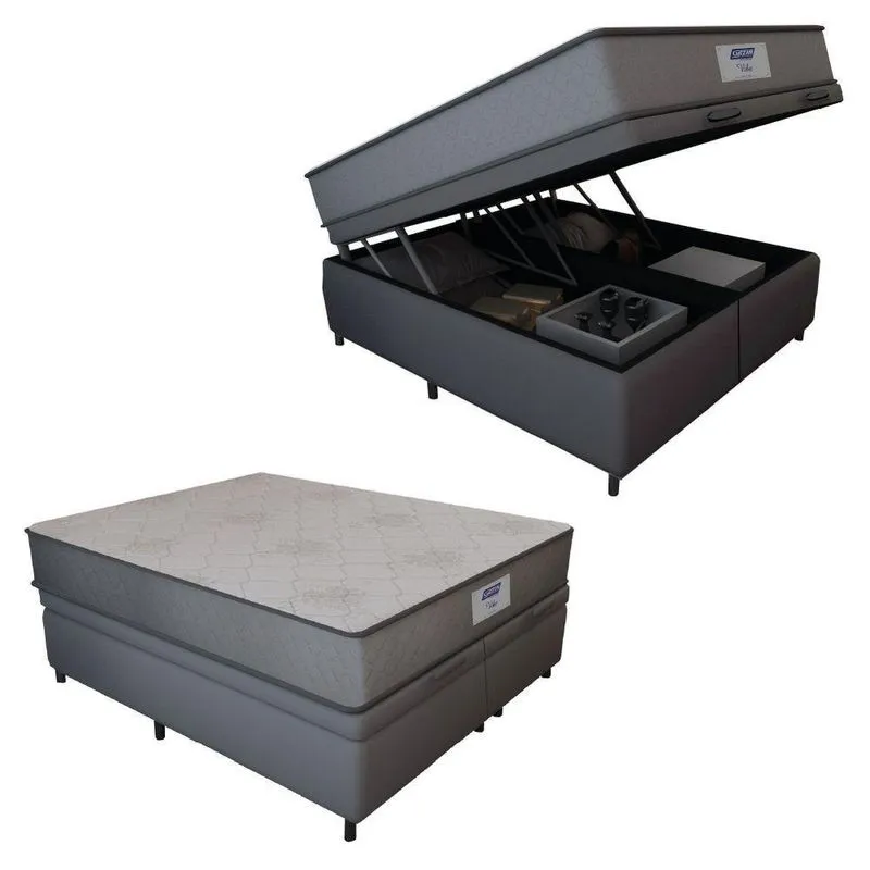 Cama Box Baú Casal Queen Colchão Gazin Com Molas Ensacadas Vibe 158x198x63cm Suede Cinza Cinza