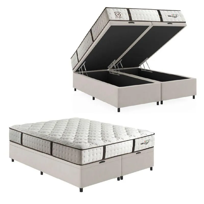 Cama Box Baú Casal Queen Colchão Molas Ensacadas Gazin Com Pillow Veneza 158x198x71cm Branco/marrom