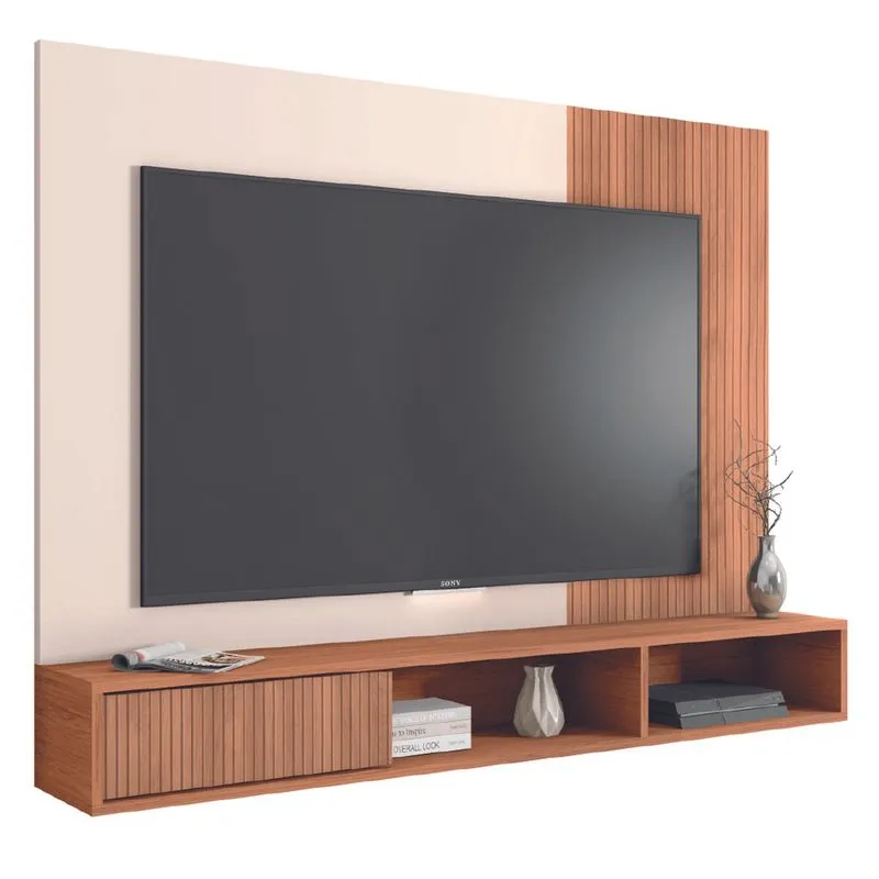 Painel Para TV Até 55 Polegadas Ripado Impressão 3D Com Nicho Madrid Madeirado / Off White Caemmun