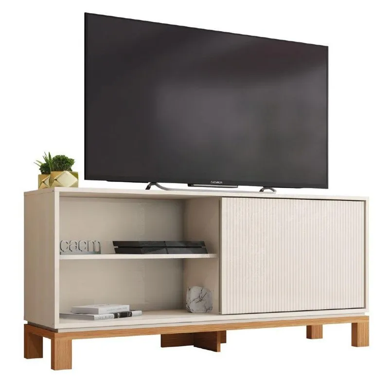 Rack Bancada Para Tv Até 45 Polegadas 1 Porta De Correr Ripada Impressão 3d Turim Madeirado/off White