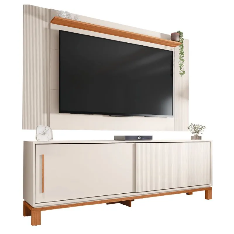 Rack Bancada Com Painel Para TV até 65 Polegadas 1,80m Ripado Impressão 3D 2 Portas Dubai Madeirado