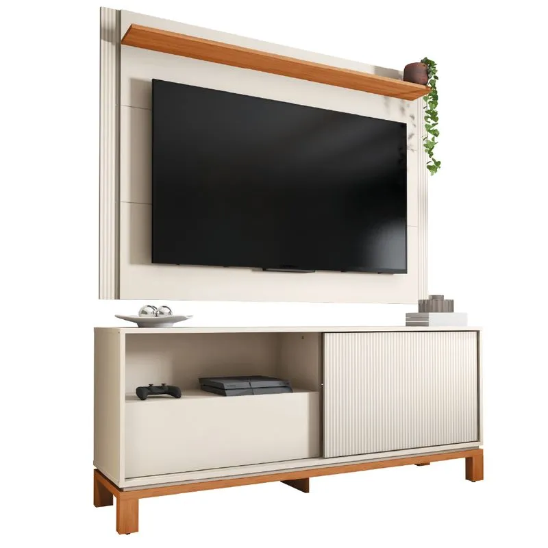Rack Bancada Com Painel Para TV Até 55 Polegadas 1,50m Ripado impressão Emirates Madeirado/Off White