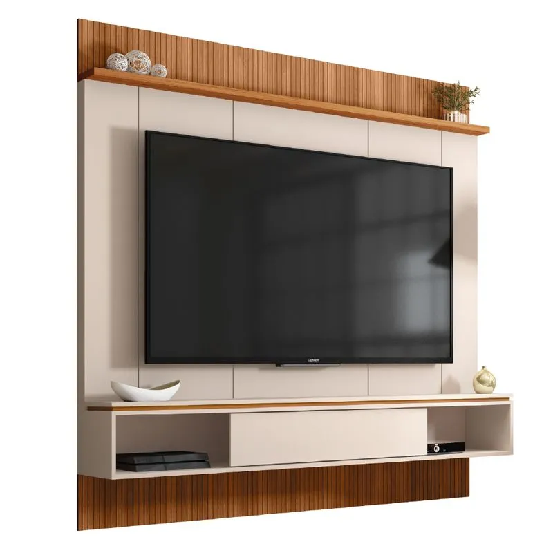 Painel Para TV Até 65 Polegadas Ripado Impressão 3D Com Nicho Viena Madeirado / Off White Caemmun