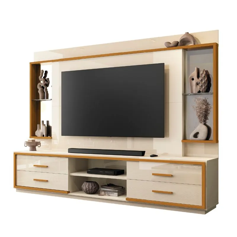 Estante Home Theater com Espelho e Vidro Para TV Até 75 Polegadas 2,40m Leni EDN Off White / Madeirado