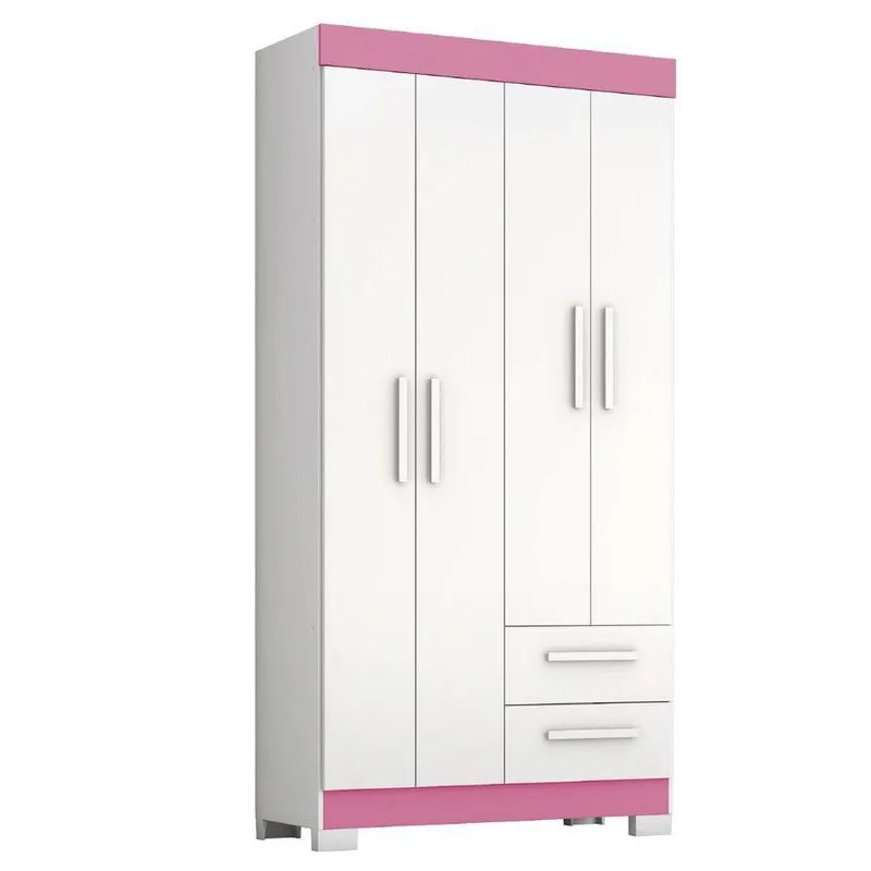 Guarda Roupas Solteiro Juvenil 4 Portas 2 Gavetas Malta Branco / Rosa Notável