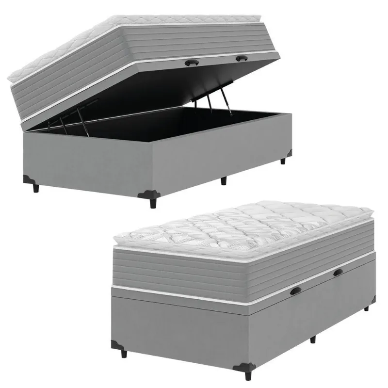 Cama Box Baú Solteiro Molas Ensacadas Pillow Top 88x188x66cm Martino Cinza Umaflex Cinza
