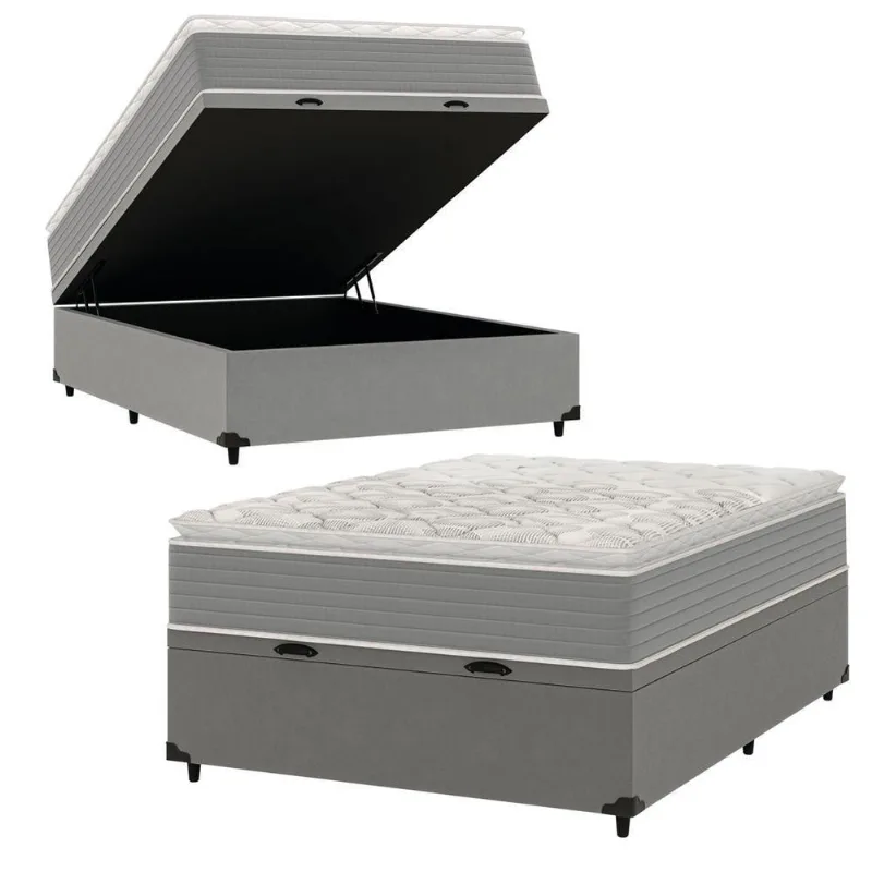 Cama Box Baú Casal Molas Ensacadas Pillow Top 138x188x66cm Martino Cinza Umaflex Cinza