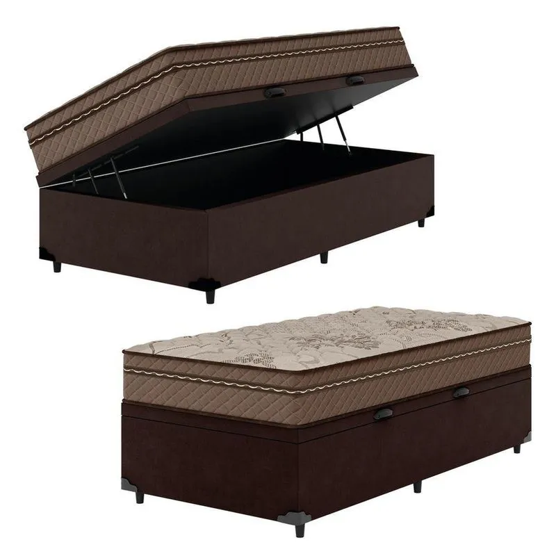 Cama Box Baú Solteiro Colchão Com Molas Ensacadas Tokio 88x188x66cm Umaflex Marrom