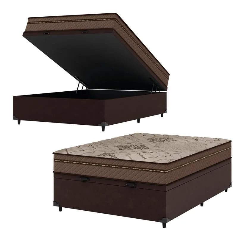 Cama Box Baú Casal Colchão Com Molas Ensacadas Tokio 138x188x66cm Marrom Umaflex