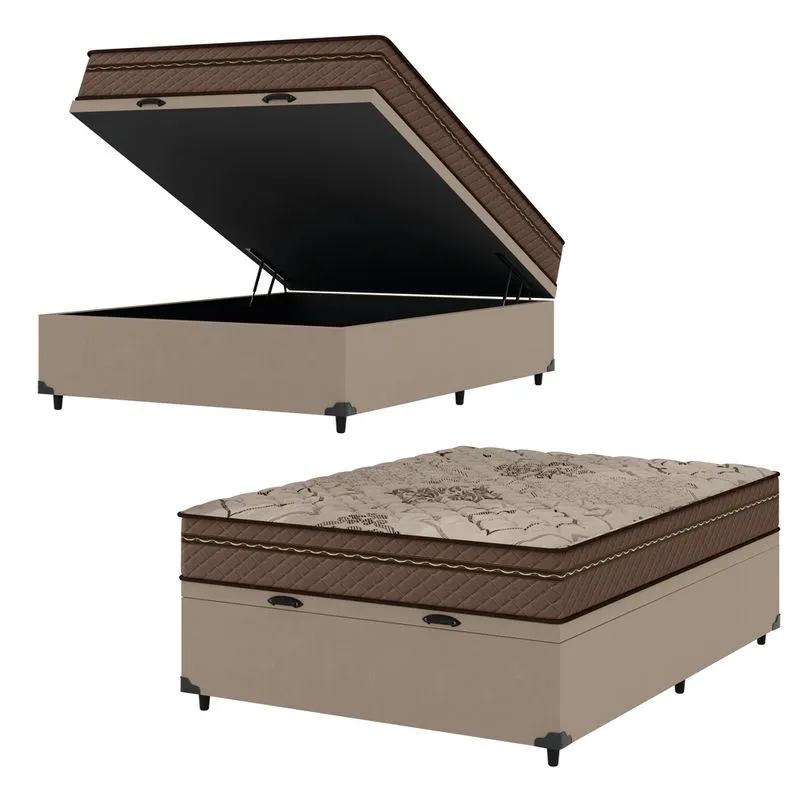 Cama Box Baú Casal Colchão Com Molas Ensacadas Tokio 138x188x66cm Marrom/Bege Umaflex