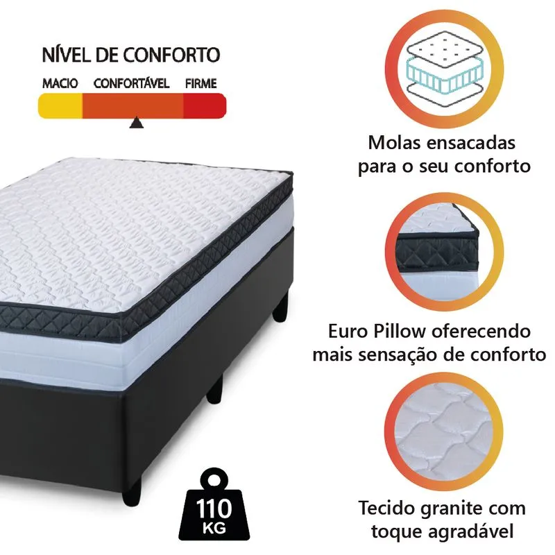 Cama Box Solteiro Colchão Com Molas Ensacadas 88x188x60cm Dunas Branco/Preto Hellen