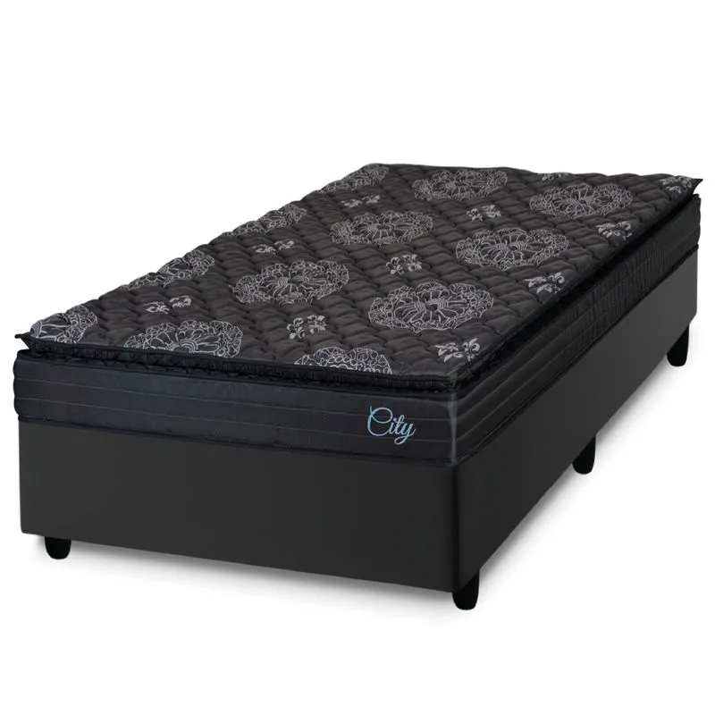 Cama Box Solteiro Colchão Com Molas Ensacadas City Pillow Top 88x188x61cm Preto Hellen