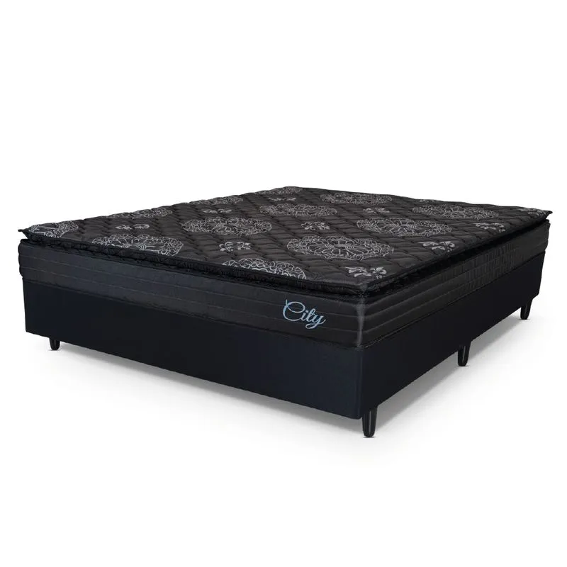 Cama Box Casal Queen Colchão Com Molas Ensacadas City Pillow Top 158x198x61cm Preto Hellen
