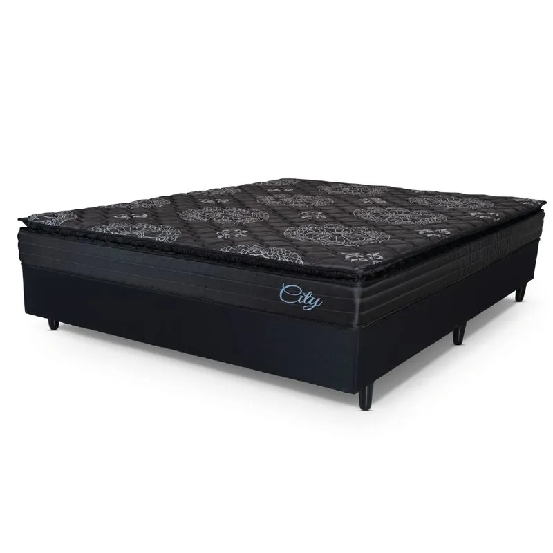 Cama Box Casal King Colchão Com Molas Ensacadas City Pillow Top 193x203x61cm Preto Hellen