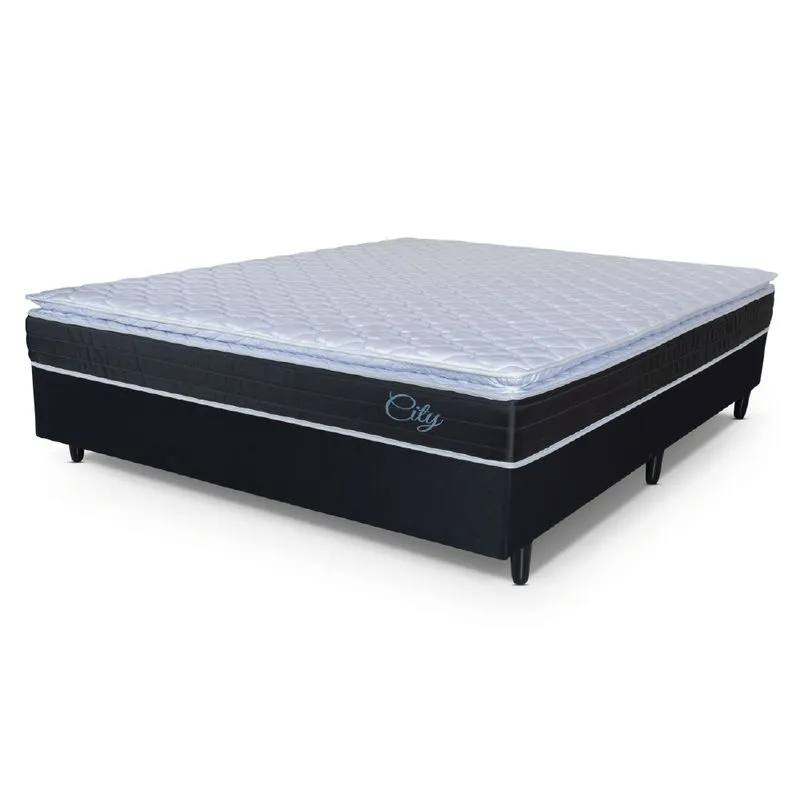 Cama Box Casal King Colchão Com Molas Ensacadas City Pillow Top 193x203x61cm Preto/Branco Hellen