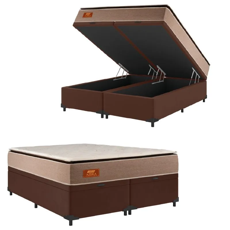 Cama Box Baú Casal Queen Gazin Colchão Com Molas Ensacadas 158x198x75cm Azera Branco/Bege