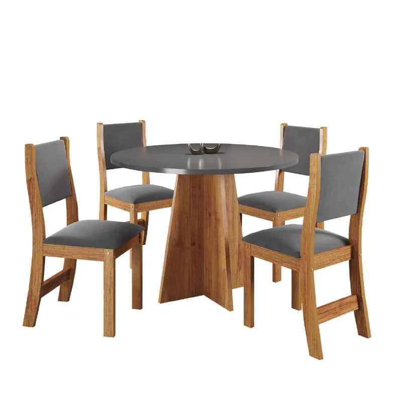 Conjunto de Mesa Sala de Jantar Redonda 0,90m 4 Cadeiras Sone Madeirado / Cinza Veludo Viero