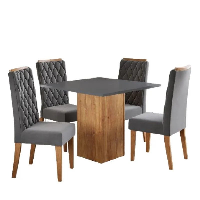 Conjunto Sala de Jantar Mesa Lord Quadrada 0,90m 4 Cadeiras Bele Madeirado/Cinza Veludo Viero